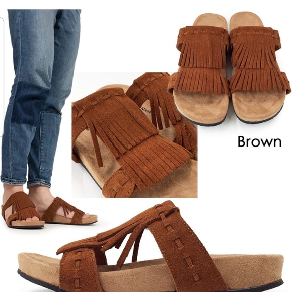 Women/'s Minnetonka Daisy Slide Sandal Taupe Suede size 5